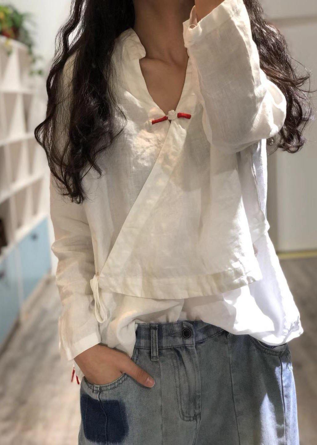 Bohemian Print1 linen Blouse v neck fall top