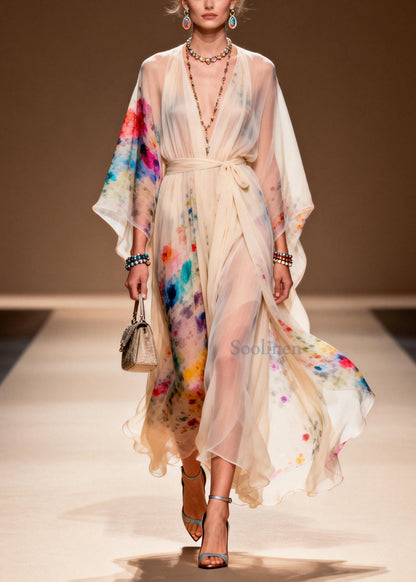 Boho Apricot Tie Waist Print Chiffon Ankle Dress Summer