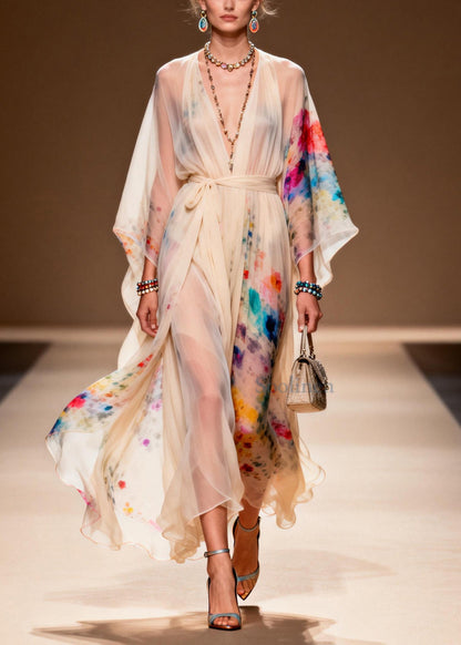Boho Apricot Tie Waist Print Chiffon Ankle Dress Summer