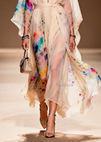 Boho Apricot Tie Waist Print Chiffon Ankle Dress Summer