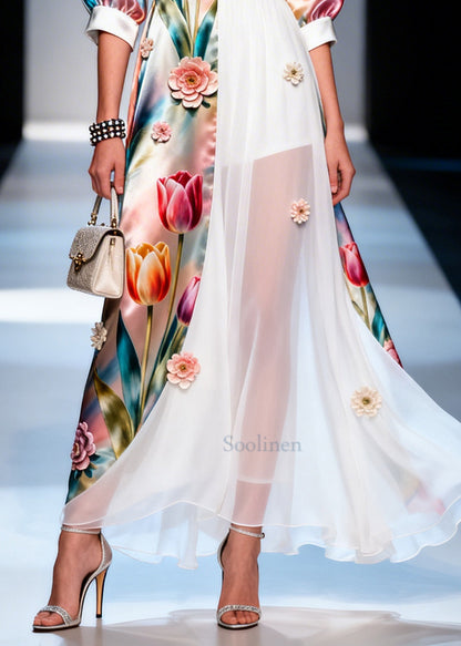 Boho Asymmetrical Design Handmade Floral Silk Robe Dresses Summer
