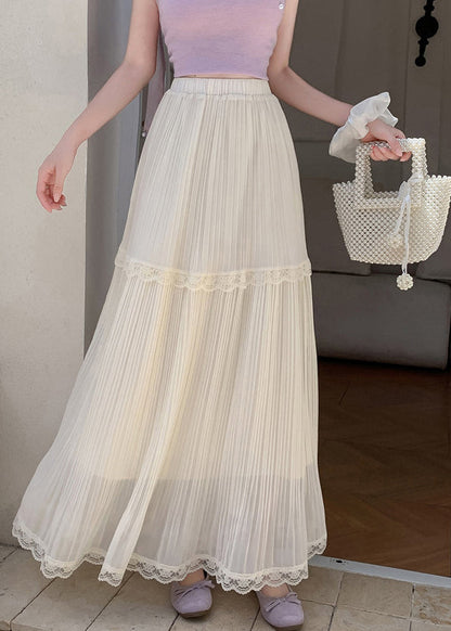 Boho Beige Elastic Waist Exra Large Hem Chiffon Pleated Skirts Summer