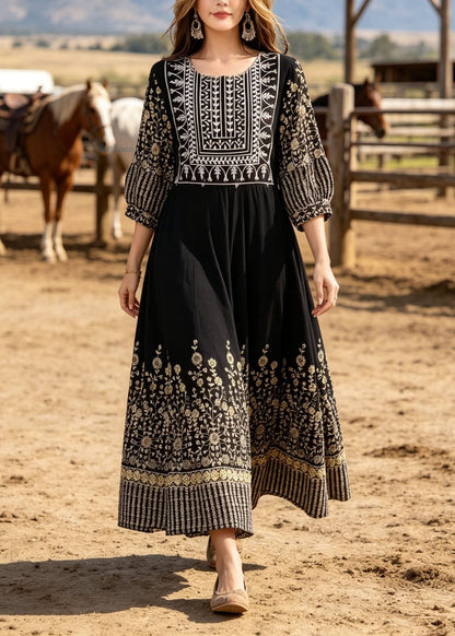 Boho Black O Neck Print Cotton Long Dresses Summer