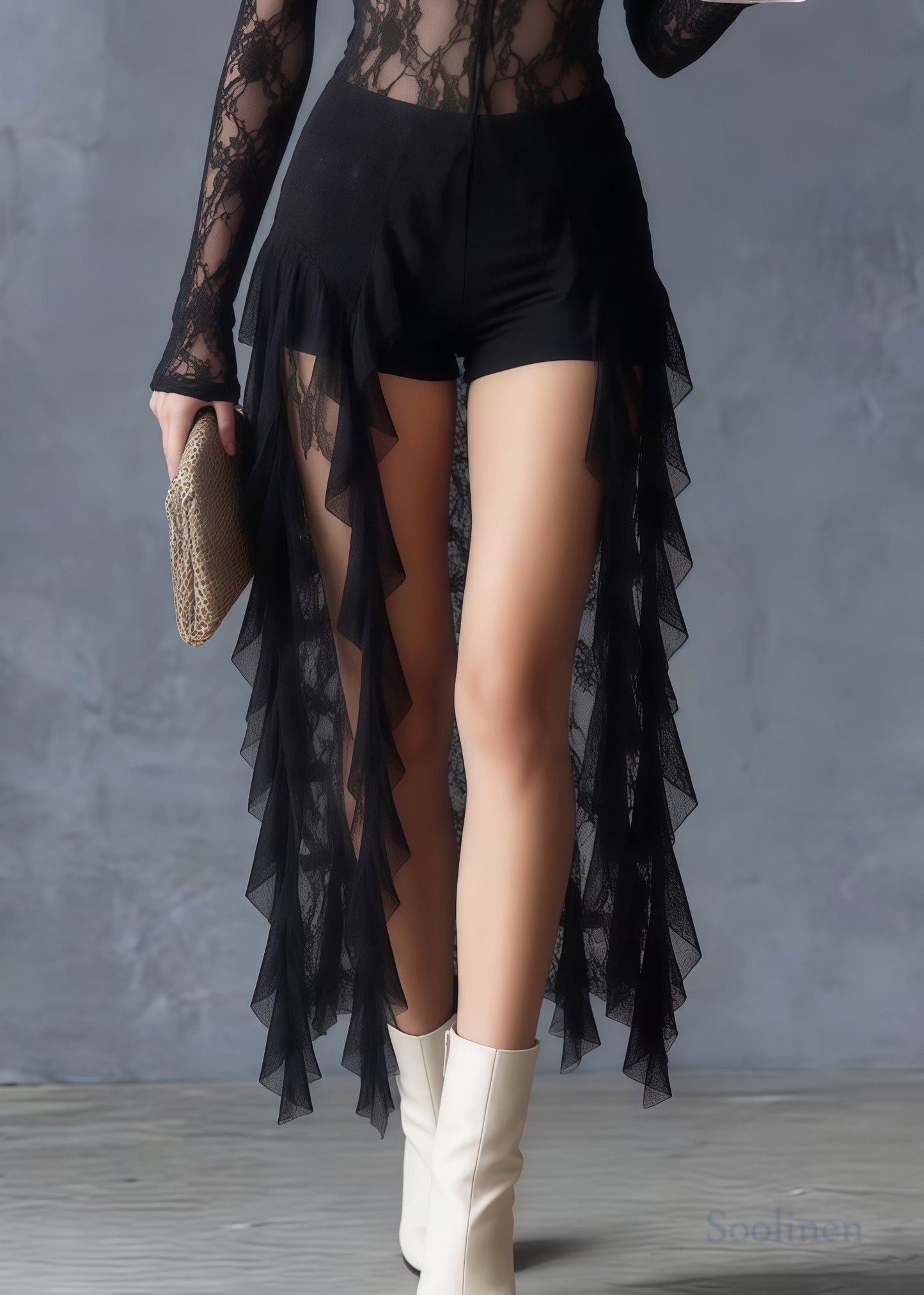 Boho Black Ruffled Sheer Lace Long Tops Summer