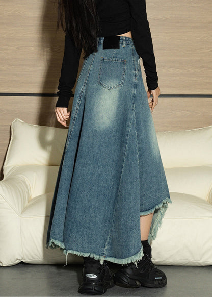 Boho Blue Asymmetrical Design Tasseled Denim Skirts Spring