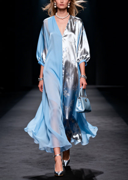 Boho Blue Asymmetrical Patchwork Silk Long Dresses Summer