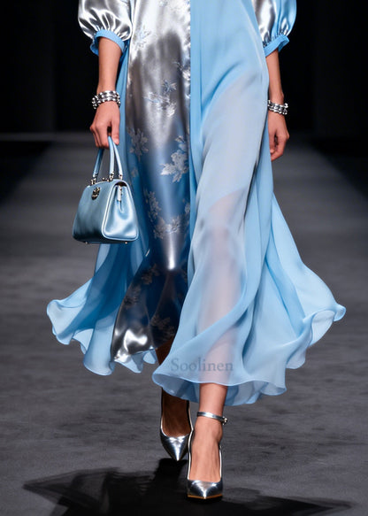 Boho Blue Asymmetrical Patchwork Silk Long Dresses Summer