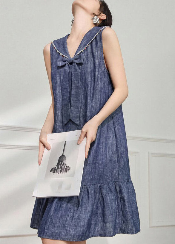 Boho Blue Bow Linen Maxi Dresses Sleeveless