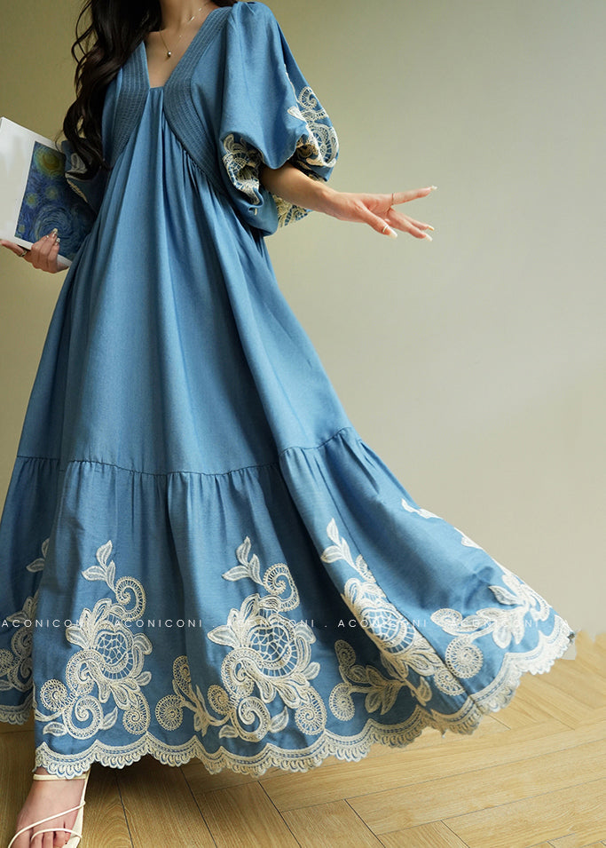 Boho Blue Embroidered Vacation Maxi Dresses Summer