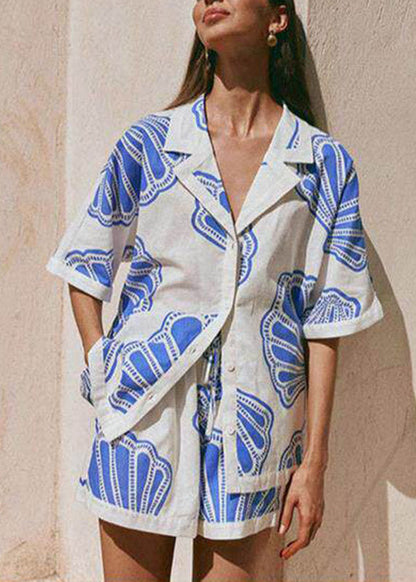Boho Blue Notched Print Shirts And Shorts Pajama Set