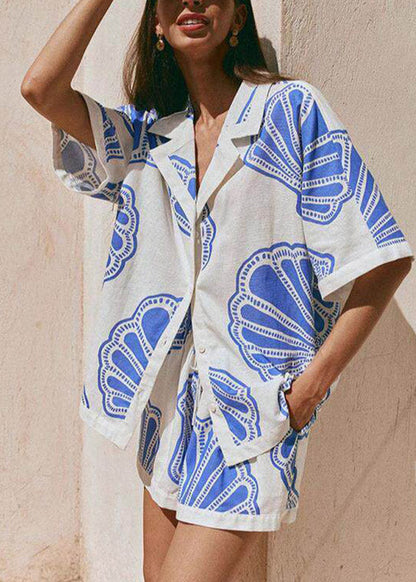 Boho Blue Notched Print Shirts And Shorts Pajama Set
