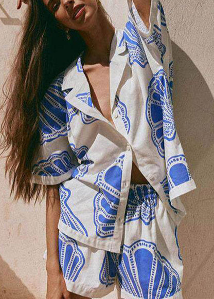 Boho Blue Notched Print Shirts And Shorts Pajama Set