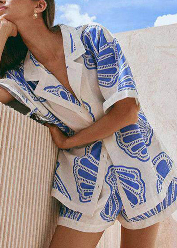 Boho Blue Notched Print Shirts And Shorts Pajama Set