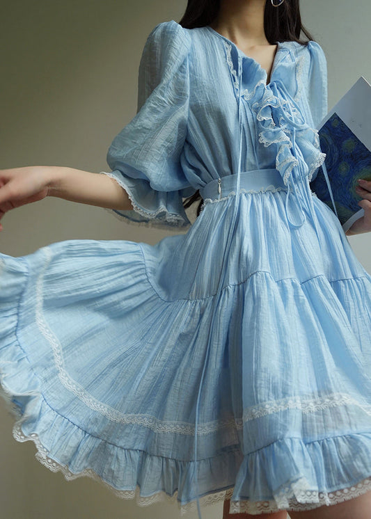 Boho Blue O-Neck Lace Patchwork Silk Cotton Top And Skirts Two Pieces Set Summer