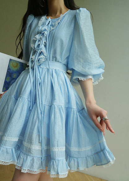 Boho Blue O-Neck Lace Patchwork Silk Cotton Top And Skirts Two Pieces Set Summer