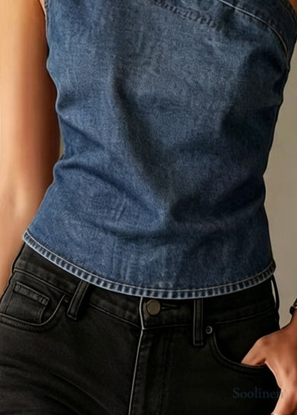 Boho Blue One Shoulder Denim Tank Sleeveless