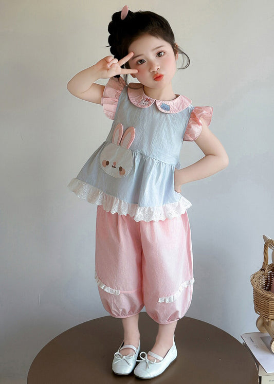 Boho Blue Rabbit Embroideried Cotton Baby Girls Two Pieces Set Summer