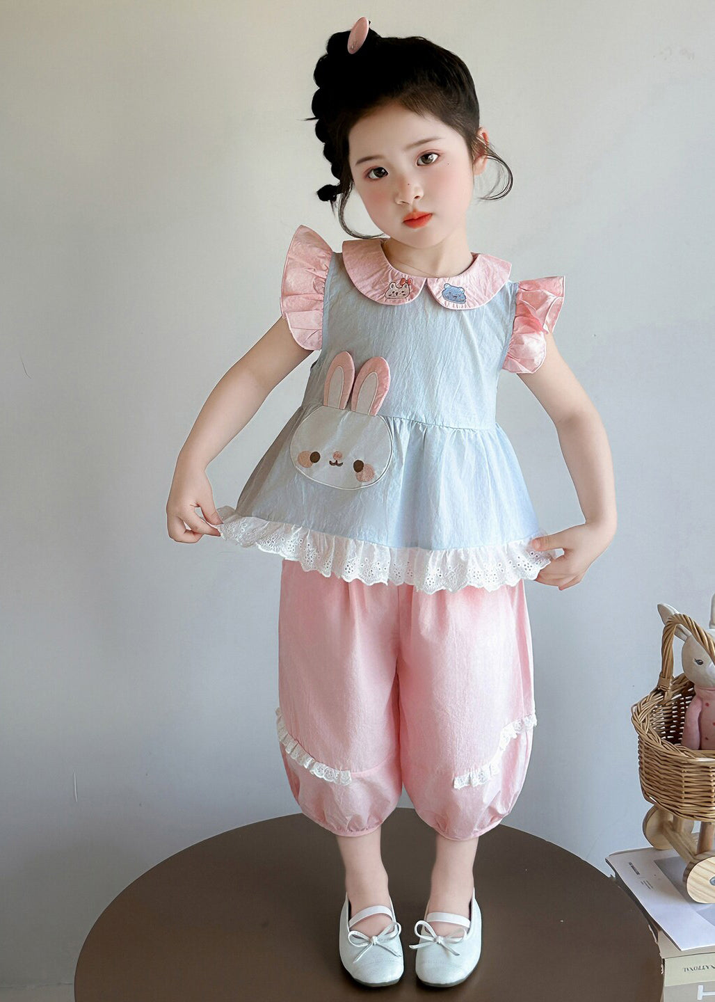 Boho Blue Rabbit Embroideried Cotton Baby Girls Two Pieces Set Summer