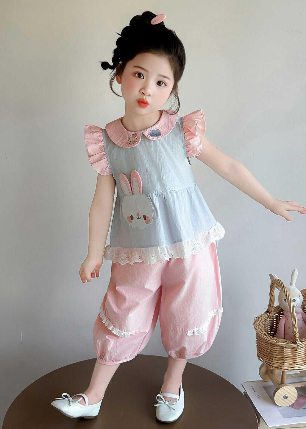 Boho Blue Rabbit Embroideried Cotton Baby Girls Two Pieces Set Summer