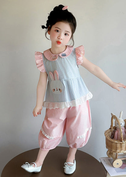 Boho Blue Rabbit Embroideried Cotton Baby Girls Two Pieces Set Summer