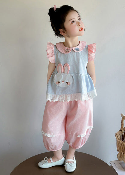 Boho Blue Rabbit Embroideried Cotton Baby Girls Two Pieces Set Summer
