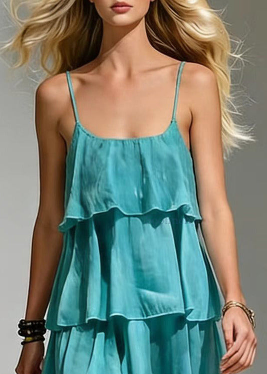 Boho Blue Ruffled Cotton Beach Dress Summer