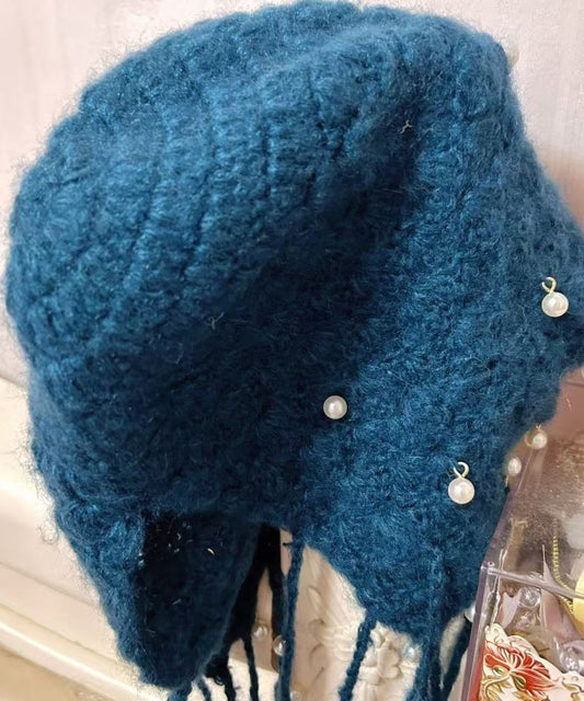 Boho Blue Tassel Nail Bead Knit Bonnie Hat