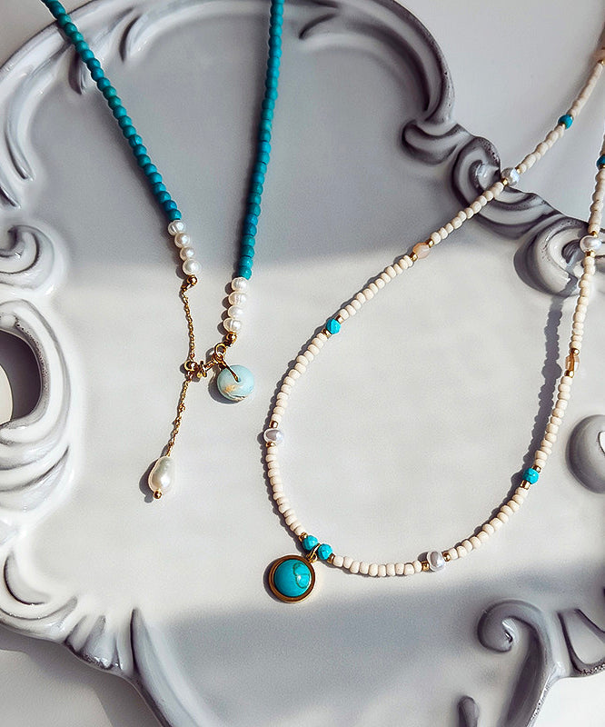 Boho Blue Turquoise With Fine Pearl Gratuated Bead Necklace