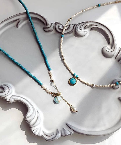 Boho Blue Turquoise With Fine Pearl Gratuated Bead Necklace