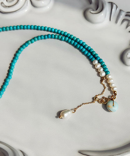 Boho Blue Turquoise With Fine Pearl Gratuated Bead Necklace
