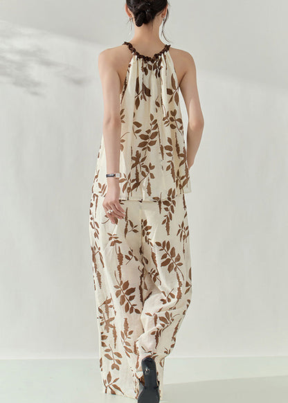Boho Brown Print Top And Wide Leg Pants Two Pieces Set Sleeveless