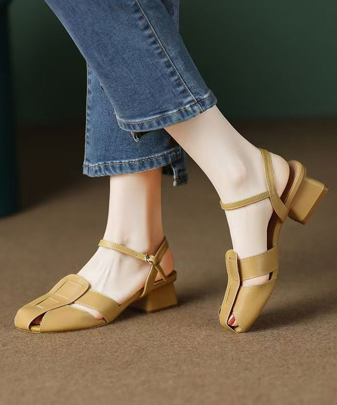 Boho Chunky Sandals Beige Hollow Out Faux Leather