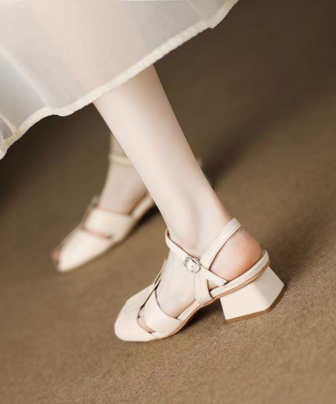 Boho Chunky Sandals Beige Hollow Out Faux Leather