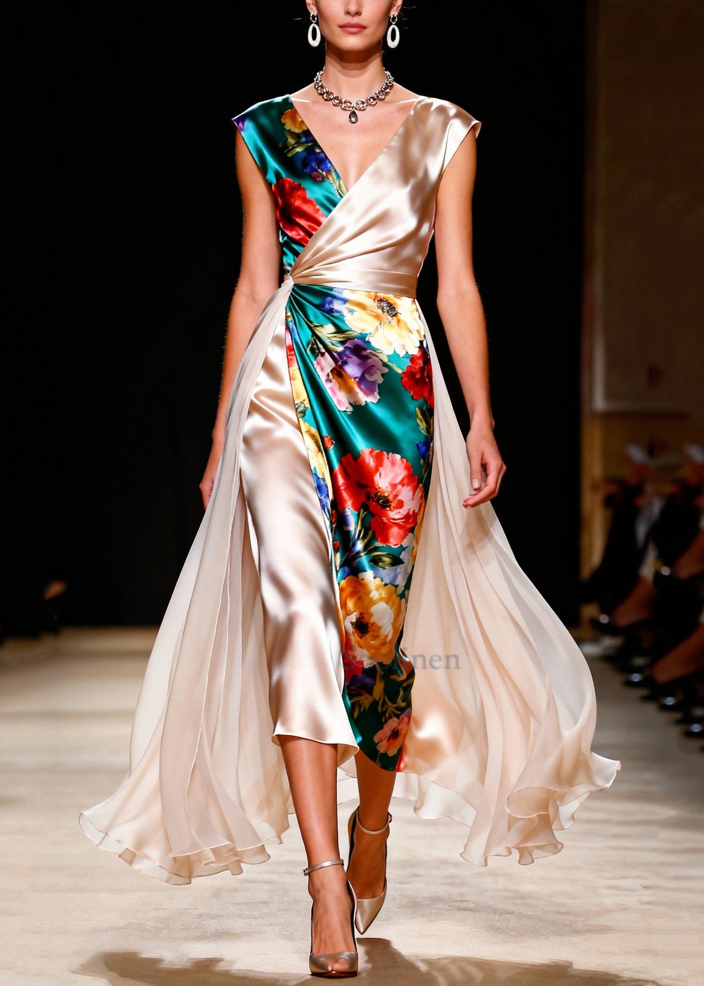 Boho Colorblock Asymmetrical Patchwork Silk Party Dress Summer