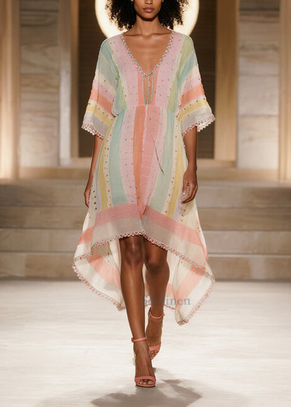 Boho Colorblock Striped Low High Design Cotton Dress Summer