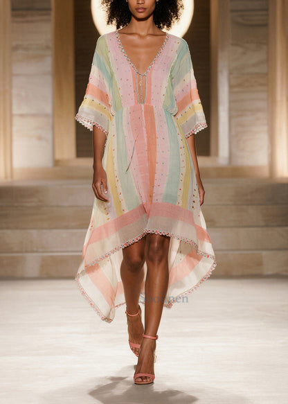 Boho Colorblock Striped Low High Design Cotton Dress Summer