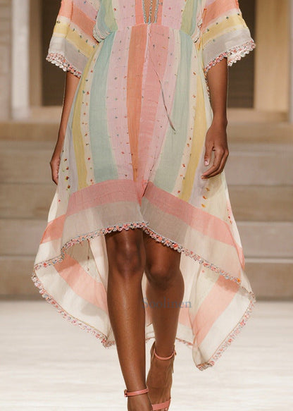 Boho Colorblock Striped Low High Design Cotton Dress Summer