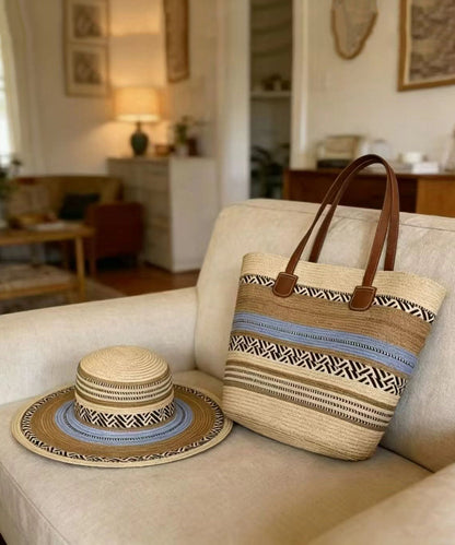 Boho Colorblock Striped Solid Durable Straw Woven Floppy Sun Hat And Shoulder Handbag Two Pieces Set Summer