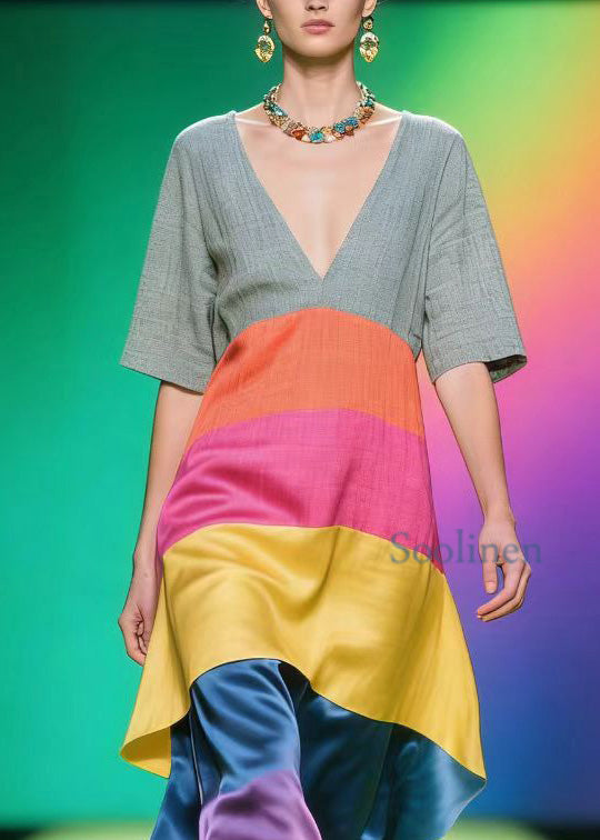 Boho Colorblock V Neck Patchwork Linen Silk Dress Summer