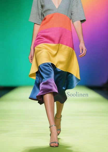 Boho Colorblock V Neck Patchwork Linen Silk Dress Summer