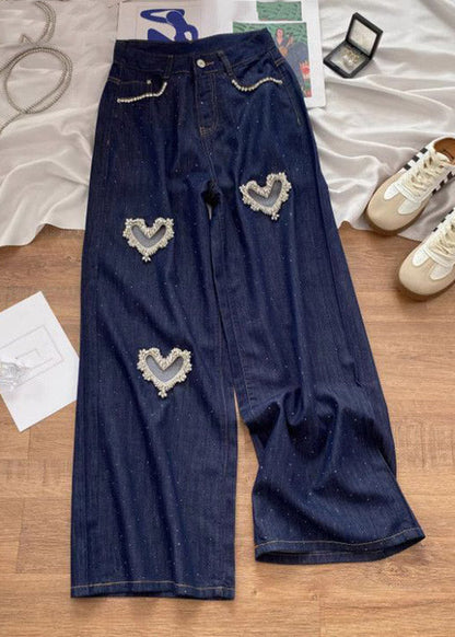 Boho Denim Blue High Waist Patchwork Love Hole Wide Leg Jeans