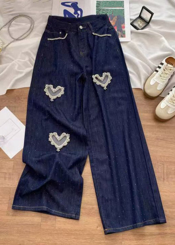 Boho Denim Blue High Waist Patchwork Love Hole Wide Leg Jeans