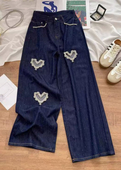 Boho Denim Blue High Waist Patchwork Love Hole Wide Leg Jeans