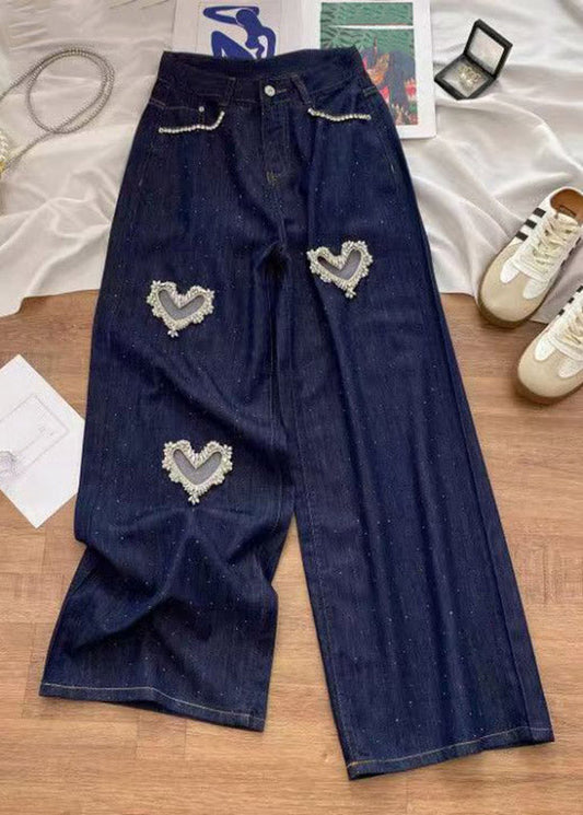 Boho Denim Blue High Waist Patchwork Love Hole Wide Leg Jeans