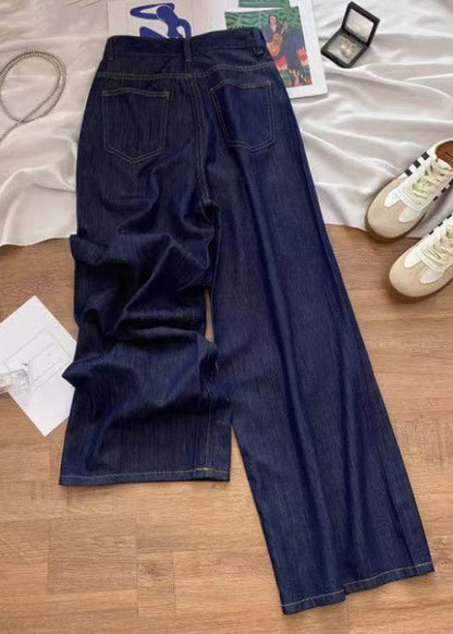 Boho Denim Blue High Waist Patchwork Love Hole Wide Leg Jeans