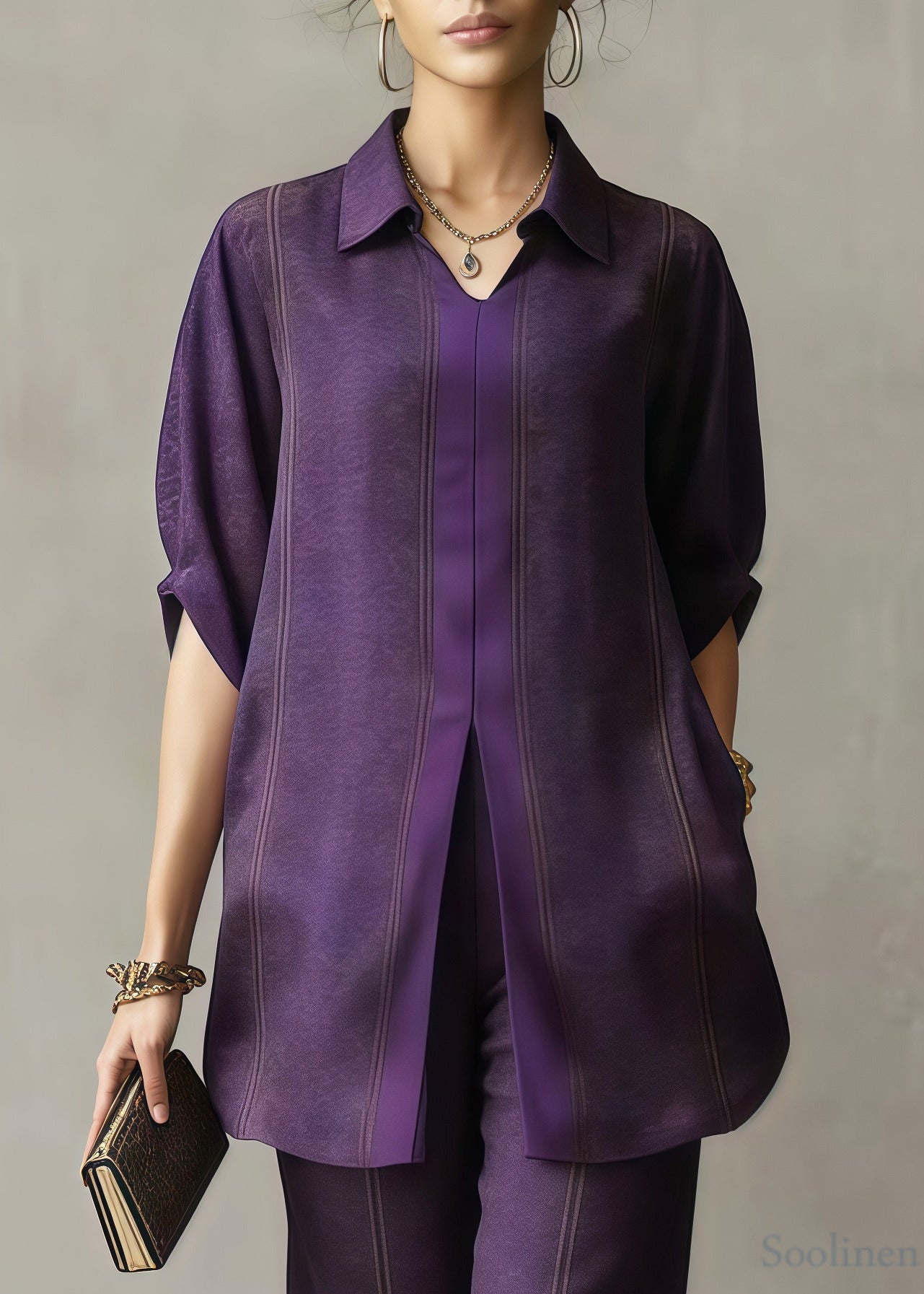 Boho Dull Purple Peter Pan Collar Print Silk Two Pieces Set Summer
