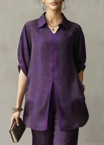 Boho Dull Purple Peter Pan Collar Print Silk Two Pieces Set Summer