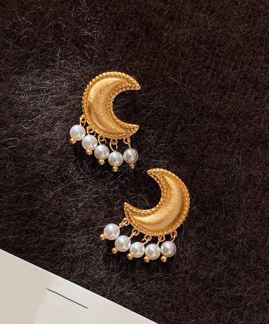 Boho Golden Moon Tasseled Pearl Drop Earrings
