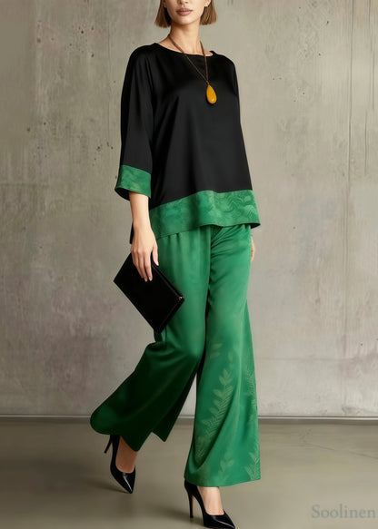 Boho Green Jacquard Patchwork Silk Women Sets 2 Pieces Summer