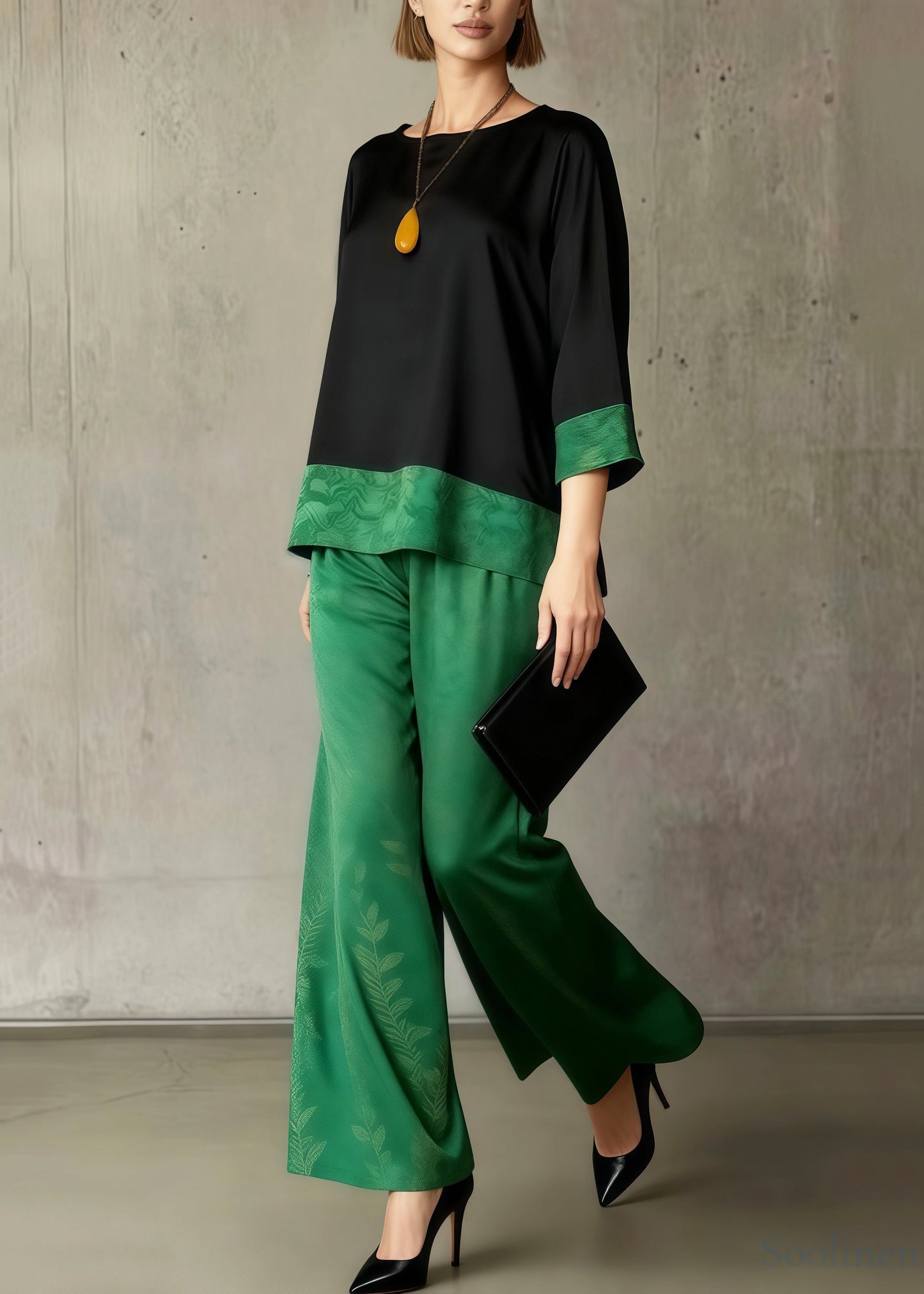 Boho Green Jacquard Patchwork Silk Women Sets 2 Pieces Summer